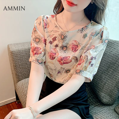 AMMIN เสื้อยืดผ้าไหมคอกลมสำหรับผู้หญิง,ใหม่เสื้อยืดแฟชั่นสไตล์เกาหลีแขนสั้นพิมพ์ลายดอกไม้ผ้าไหมหม่อนหวานและสง่างามเสื้อผู้หญิง Ins เสื้อ2022