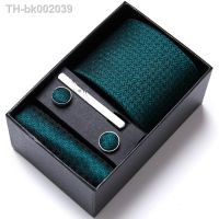 ✗♙ Top Quality 7.5 cm Business Ties Hanky Cufflink Set Tie Clips Green Necktie Corbatas For Men Wedding In Gift Box Slim Gravatas