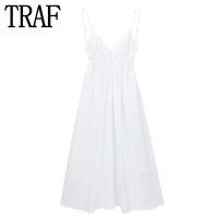 TRAF Backless White Dress Woman Sexy Slip Long Dress Women Beach Summer Dresses Woman 2023 Ruched Sleeveless Party Dresses Barware