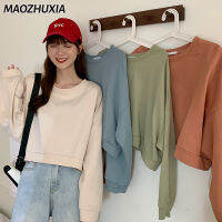 MAOZHUXIA ชุดเสื้อบางเบามีฮู้ดหลวมปกติ,ลำลองขาสั้นมีคอกลมแขนยาวผู้หญิง