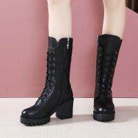 Womens Lace-up Mid-calf Boots Ladies Vintage Black High Heel Middle Boots Shoes Kasut