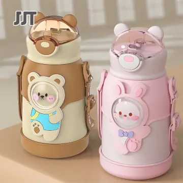 350/480ml Animals Straps Stainless Steel Vacuum Flask Coffee Tea Milk  Travel Straw Cup Cute Bear