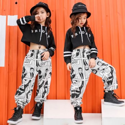 Kid Hip Hop Clothing Hoodie Sweatshirt Crop Top Long Sleeve Shirt Streetwear Harajuku Harem Pants for Girl Dance Clothes Costume