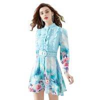 Womens Dress Retro Style 2024-Spring and Summer Wavy Wide Skirt Linen Short Mini Printed Dress