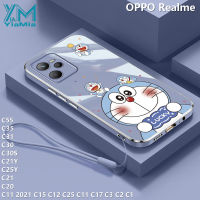 YiaMia เคสโทรศัพท์การ์ตูนโดราเอมอนน่ารักสำหรับ OPPO Realme C53 C35 C12 C31 C30 C30S C21Y C25Y C21 C20 C1โครเมี่ยมสุดหรู C55 C15 C25 C11 C17 C3 C2แฟชั่นเคส TPU แบบนิ่มเคส C11กล้องพร้อมเชือกห้อย