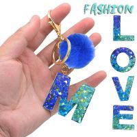 Fashion A-Z 26 Letter Keychain With Blue Pompom Heart Sequin Filled Alphabet Keyrings Name Initials Car Keyholder Bag Pendant Key Chains