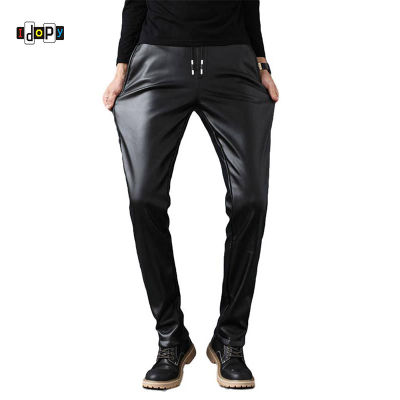 Idopy แนวโน้มแฟชั่นสีดำ PU F AUX หนังกางเกงผอมสบายๆธุรกิจบุรุษหนังกางเกงยีนส์กางเกง Tousers สำหรับผู้ชายที่มีสายรัด