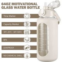 64Oz Glass Water Bottles with Straw, Glass Bottle with Silicone Sleeve and Time Marker, for Gym Home Office