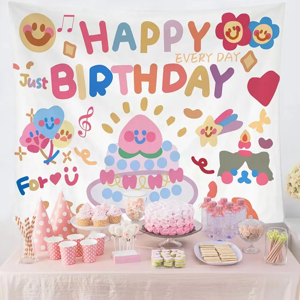 Tapestry Wall hanging birthday backdrop decoration for home living room  soft cloth fabric with cute party theme simple style digital printed design  and photo booth banner background props wall display with unique