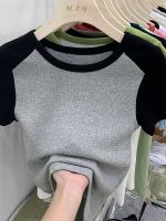 Gray thread short t-shirt womens short-sleeved 2023 summer new design sense niche slim shoulder tight top