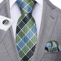 Fashion Green Plaid Men Tie Set Silk Jacquard Necktie Wedding Business Handkerchief Cufflinks Tie Barry.Wang Designer FA 5327