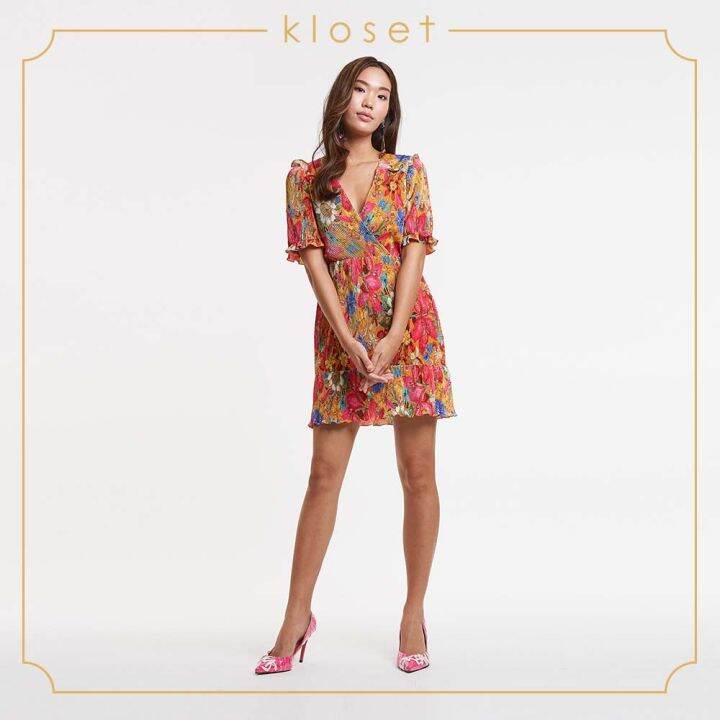 kloset-iris-printed-with-ruffle-mini-dress-aw19-d008-ชุดเดรส-ชุดผ้าพลีท-ชุดเดรสสั้น-ชุดเดรสแฟชั่น