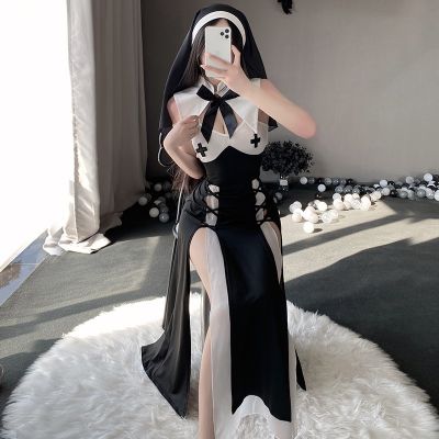 Women Sexy Lingerie Kawaii Dress Headgear Halloween Black Hollow Passion Uniform Anime Nun Role Play Maid Cosplay Costume Suit