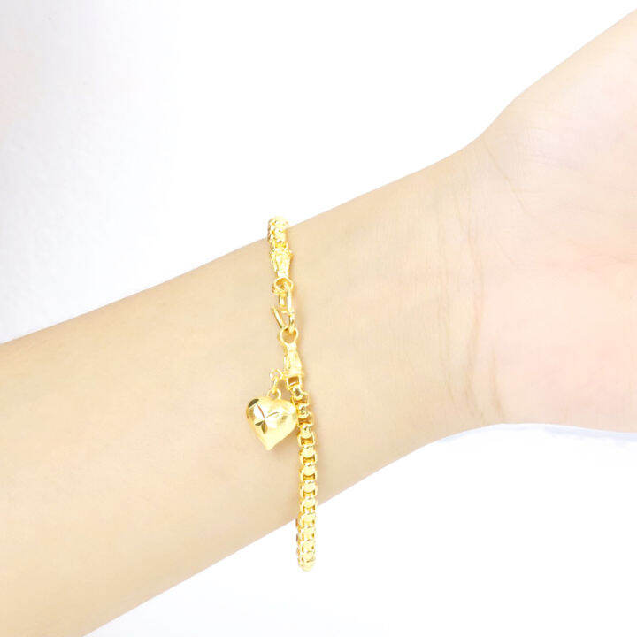 สร้อยข้อมือทอง-ลายบล็อค-ห้อยหัวใจ-ขนาด-1บาท-ยาว-7นิ้ว-ชุบด้วยเศษทองจากเยาวราช-ชุบทอง-96-5-งานฝีมือจากช่างเยาวราช-สินค้าขายดี