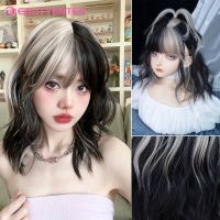 【LZ】▦ﺴ♧  Synthetic Hair Wigs For Women Wave Black and gray color matching Wig With Bangs Cosplay Halloween  Y2K High Temperture Fiber