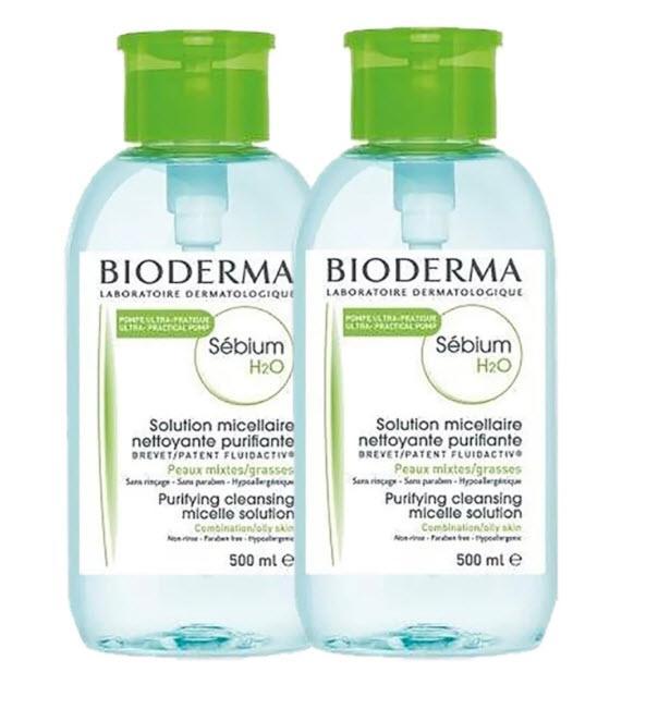 Bioderma Sebium H2O สำหรับผิวมัน ผิวผสม (สีเขียว 2 ขวด x 500ml.) ฝาปั้ม