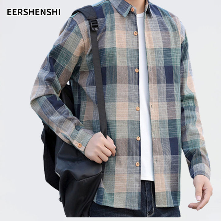 eershenshi-เสื้อแขนยาวชาย-เสื้อลายสก๊อต-เสื้อเชิ้ดชาย-ซักน้ำแล้วสีไม่ตก-เสื้อชาย-เสื้อเชิ๊ตชาย
