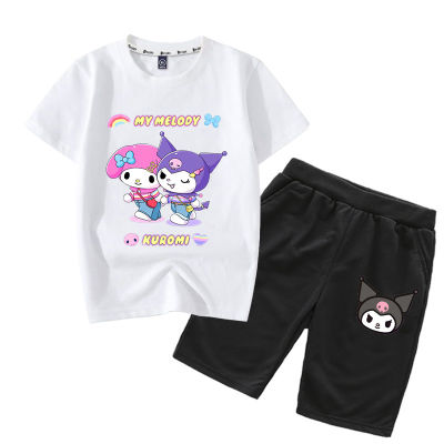 Kuromi My Melody กางเกงขาสั้นแฟชั่นแขนสั้นพิมพ์ลายการ์ตูน/อะนิเมะถักชุดเซ็ตเสื้อยืดเด็ก2023 0000ใหม่