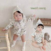 COD DSFERTEREERRE Baby Girl Green Floral Jumpsuit Lace Hat Children Sweet Princess Clothes