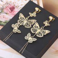 【YF】 Grace Jun New Design 3 Butterfly Shape Tassel Clip on Earrings Wihtout Piercing for Women Fashion Luxury Big Statement