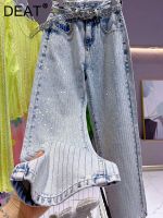 【YD】 DEAT Womens Jeans Waist Hot Rhinestone Striped Straight Denim Pants 2023 New Fashion 29L2084