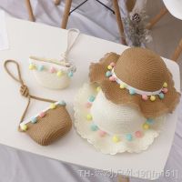 hot【DT】☇❖◈  Kids Large Wide Brim Woven Protection Beach Hat Colorful Pompom Floppy Cap Handbag