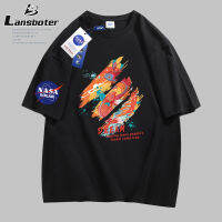 Lansboter เสื้อยืดคู่รักพิมพ์ลายแขนสั้นฝ้ายหลวมสบาย Koi