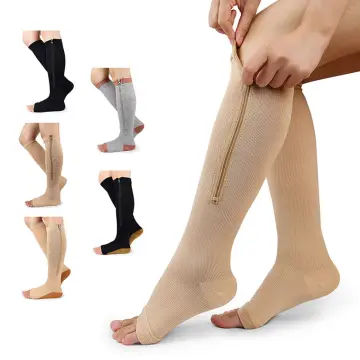 Black - XXL) Unisex Compression Zip Sox Socks Zipper Leg Support Open Toe  Knee Stockings