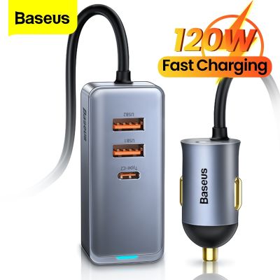Baseus 4 พอร์ต 120W USB Car Charger Quick Charge PPS Fast Charging PD 20W Type C Car Charger สําหรับ iPhone 12 Xiaomi Samsung