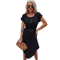 2021Short Sleeve Belt Summer Dress 2021 Cotton High Waist Asymmetrical Bandage Midi Dresses Women Casual Loose Slim A-Line Robe