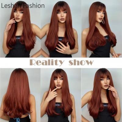 [Super High Quality] Wig Female Head Dyed Black Wine Red Straight Bangs Long Curly Hair Tip Curly Fashion Wig Rose Inner Net