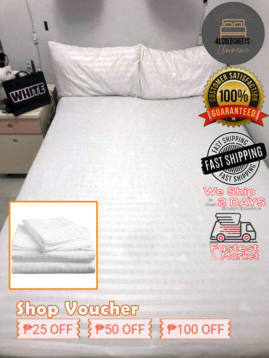 Plain White Stripes Bedsheets 100 Pure Canadian Cotton 3 in 1 Lazada PH