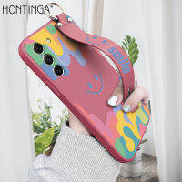 (มีสายรัดข้อมือ) Hontinga Casing สำหรับ Samsung Galaxy S21 FE S21FE 5G กรณี Smile สแควร์ของเหลวซิลิโคนนุ่มขอบรูปแบบกล้องเต็มรูปแบบป้องกันกรณีกลับปลอกโทรศัพท์ Softcase