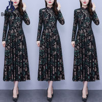 Women Retro Printing Dress Fashion Elegant Long Sleeves A-line Skirt High Waist Large Size Dress【fast】