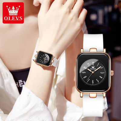 นาฬิกา OLEVS สำหรับผู้หญิงเทรนด์ดั้งเดิมกันน้ำสายซิลิโคนเรืองแสงหน้าปัด Kaca Full โค้งพร้อมกล่องของขวัญ