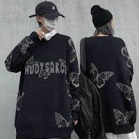 Ins fashion street fashion brand dark black butterfly letter jacquard Pullover Sweater