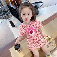 Summer New Girls Casual Cartoon T-Shirt Baby Girl Pink Leopard Print Strawberry Bear Medium Length T-Shirt Kids Printed Dress