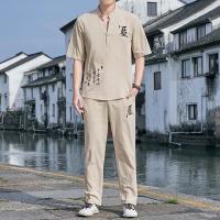 、’】【= 2023 Linen Embroidered Han Suit Set Chinese Tang Suit Casual Set Mens Traditional Kung Fu Tai Chi Top Pants Summer Mens Cotton