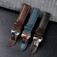 Suitable For Handmade first layer cowhide strap 18 20 22mm blue brown olive leather watch chain retro style butterfly buckle accessories