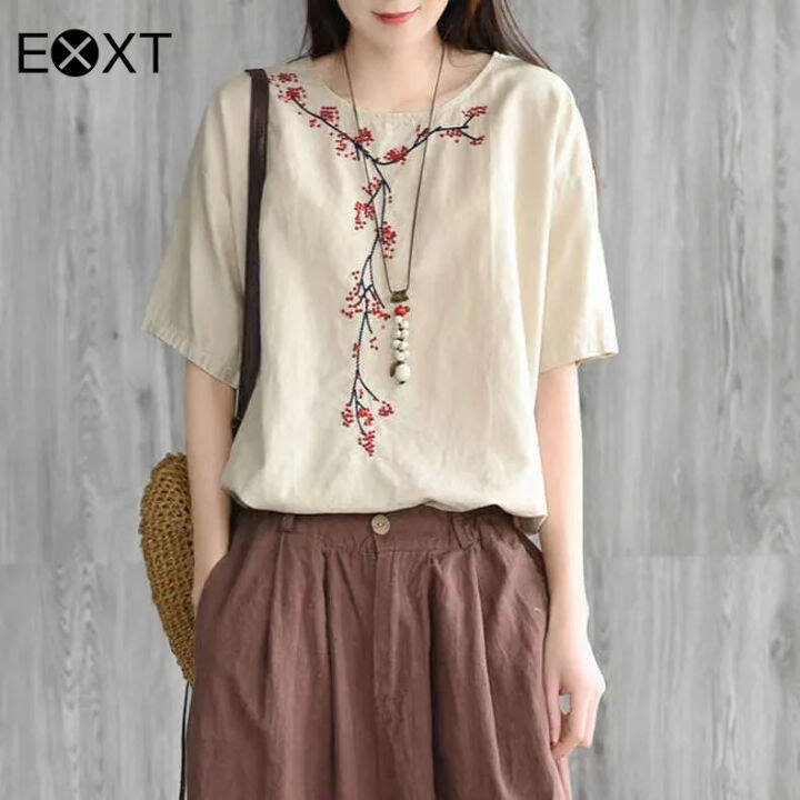 Exxt Women Cotton Linen White Shirts Tees Short Sleeved O Neck Blouse