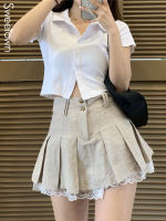 Sweetown Korean Fashion Khaki Short Skirt Lace Trim Cute Pleated Skirts Womens Preppy Style Button Up High Waist Summer Skirt