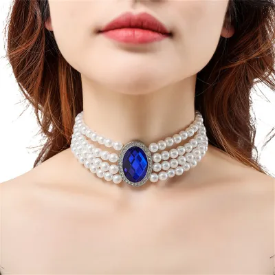 Sapphire Pearl Choker Necklace Gift Necklace For Women Vintage Choker Necklace Sapphire Pearl Necklace Double Layered Pearl Necklace