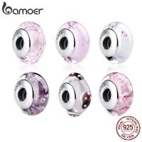 【YF】 Bamoer 925 prata esterlina linda flor rosa contas de vidro europeu encantos para pulseiras diy natal deal scz001