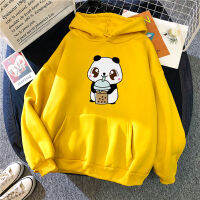 เสื้อสเวตเตอร์มีฮู้ดลำลองทรงหลวมพิมพ์ลายการ์ตูนหมีแพนด้าพร้อมสัมผัสดีไซน์ฤดูใบไม้ร่วง