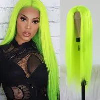 Fluorescent Green Wigs for Women Long Straight Hair Synthetic Little Lace Wigs with Baby Hair Glueless Heat Resistant Wig  Hair Extensions Pads