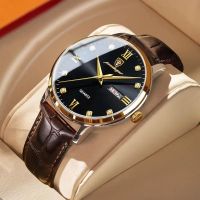 POEDAGAR Genuine Leather Strap Mens Watches Top Brand Luxury Waterproof Gold Quartz Watch Men Luminous Gifts Clock Calendar Week