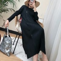 2023 Hot Miyake pleated dress long-sleeved spring and autumn fashion plus size fat mm slim bottoming skirt winter mid-length early spring