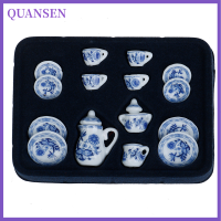 QUANSEN บ้านตุ๊กตา1:12จิ๋วดอกไม้สีฟ้าถ้วยชากาแฟพอร์ซเลนบนโต๊ะอาหาร15ชิ้น