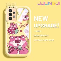 Jlingji เคสปลอกสำหรับ Samsung A13 5G A04s ลายหมีสตรอเบอร์รี่ปลอกรูปแบบโบว์แบบนิ่มกันกระแทกทนต่อการขีดข่วนเคสโทรศัพท์โปร่งใสฝาครอบป้องกันซิลิกาเจลเลนส์กล้องถ่ายรูป