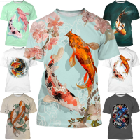 2023 summer new fashion 3D printing koi fish lucky fish T-shirt short-sleeved mens and womens top unisex casual T-shirt {plenty}